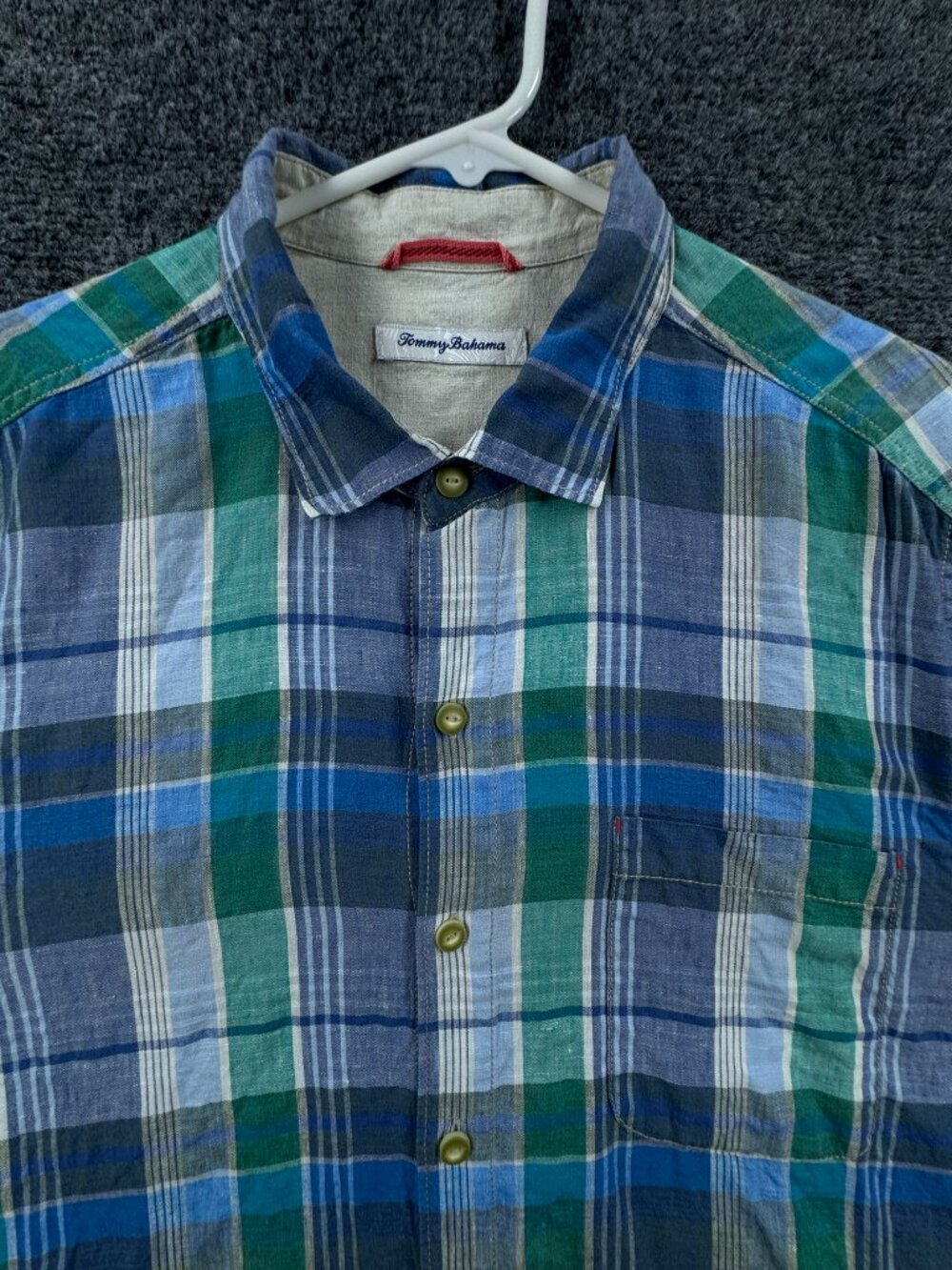 Tommy Bahama All Linen Plaid Logo Large Blue Green Button Up Long Sleeve Beach - Picture 2 of 16